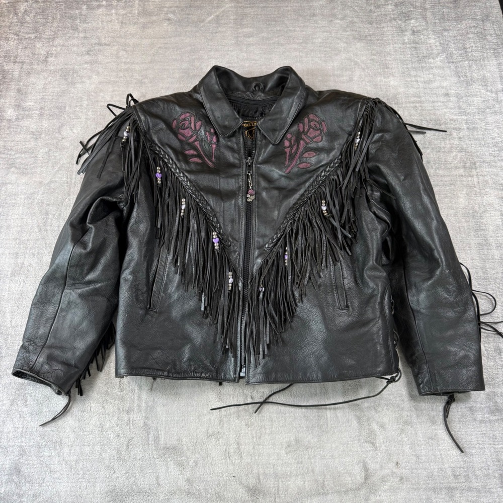Vintage Milwaukee Leather Jacket Women Large Black Biker Fringe Rose Embroidered
